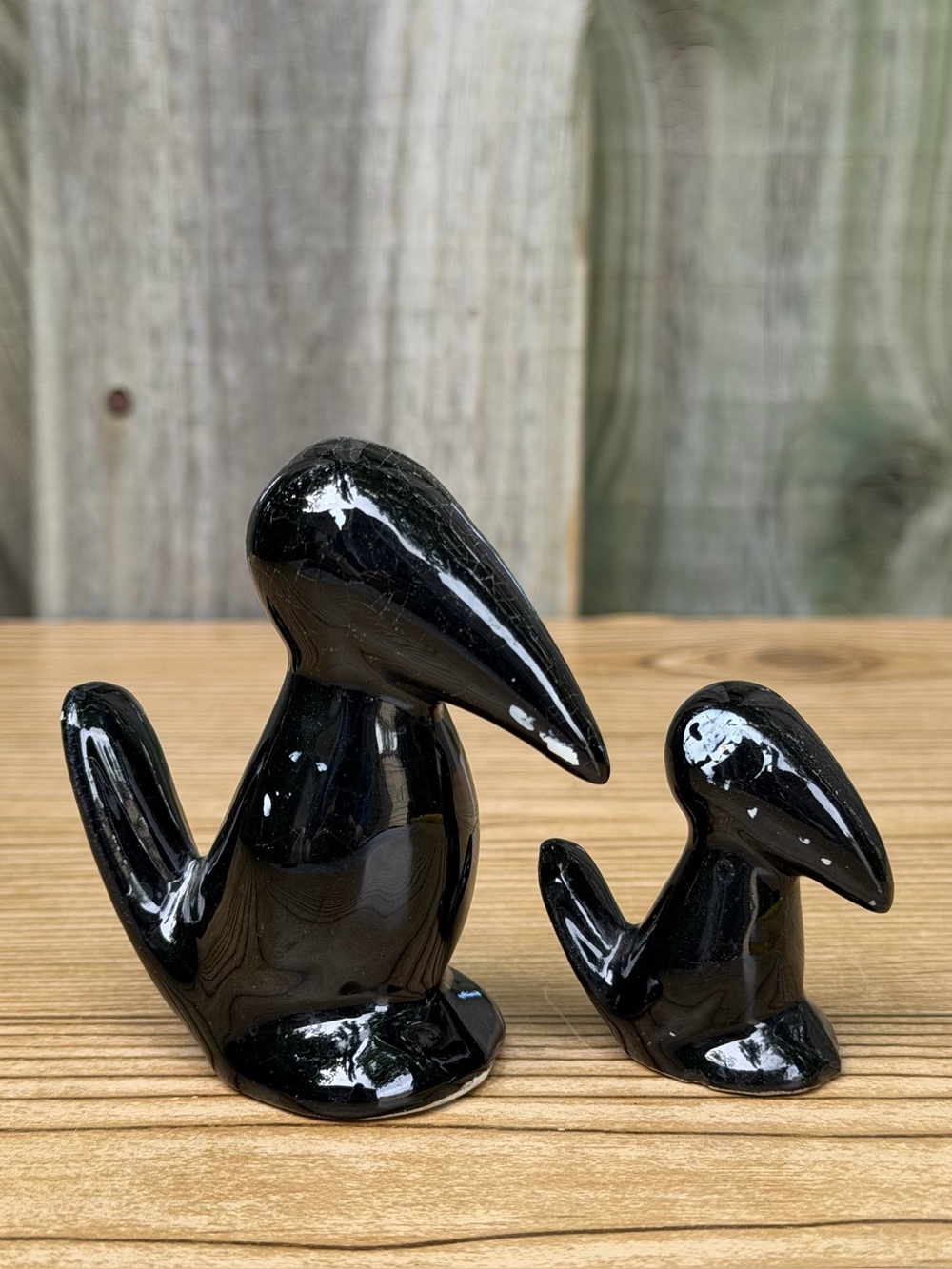 Mid Century Black Bird Magpie Crown Pair Of Bird Figurines